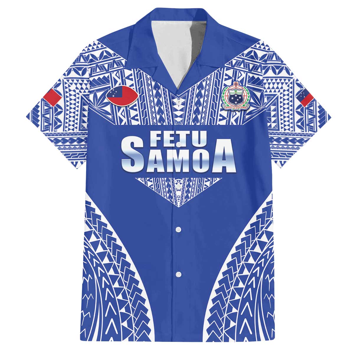 Fetu Samoa Rugby Custom Family Matching Off The Shoulder Long Sleeve Dress and Hawaiian Shirt Go Champions LT05 Dad's Shirt - Short Sleeve Blue - Polynesian Pride