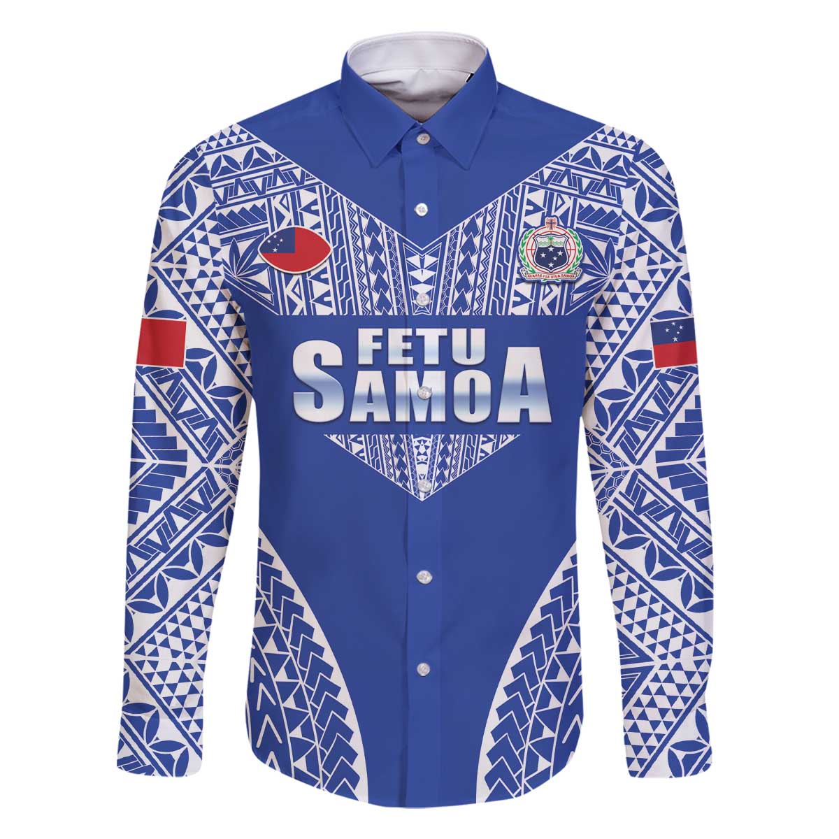 Fetu Samoa Rugby Custom Family Matching Off The Shoulder Long Sleeve Dress and Hawaiian Shirt Go Champions LT05 Dad's Shirt - Long Sleeve Blue - Polynesian Pride