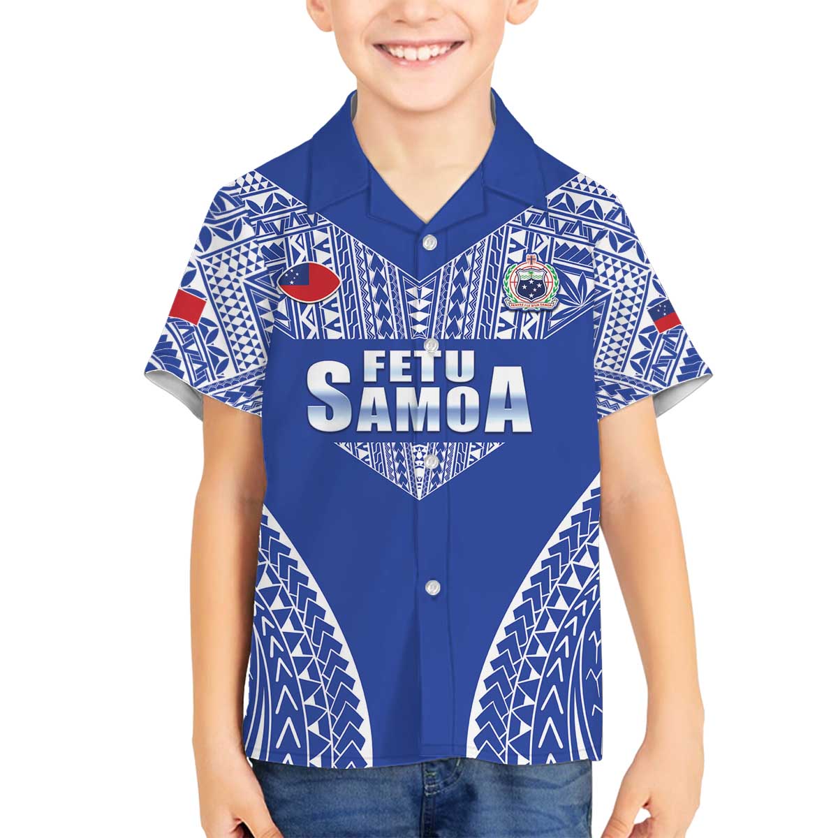 Fetu Samoa Rugby Custom Family Matching Off The Shoulder Long Sleeve Dress and Hawaiian Shirt Go Champions LT05 Son's Shirt Blue - Polynesian Pride