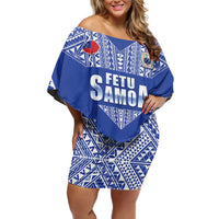 Fetu Samoa Rugby Custom Family Matching Off Shoulder Short Dress and Hawaiian Shirt Go Champions LT05 Mom's Dress Blue - Polynesian Pride