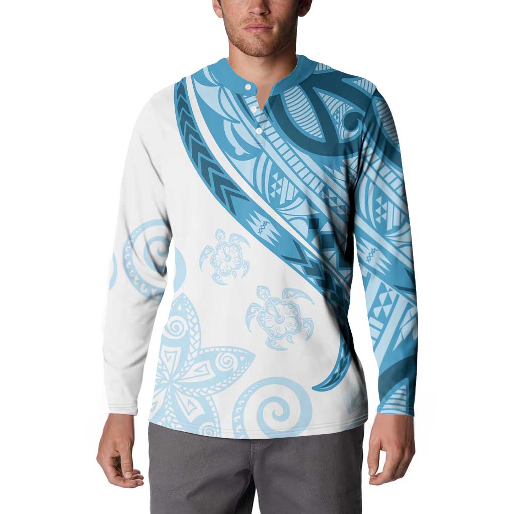 Blue Polynesian Tribal Turtle Floral Pattern Button Sweatshirt