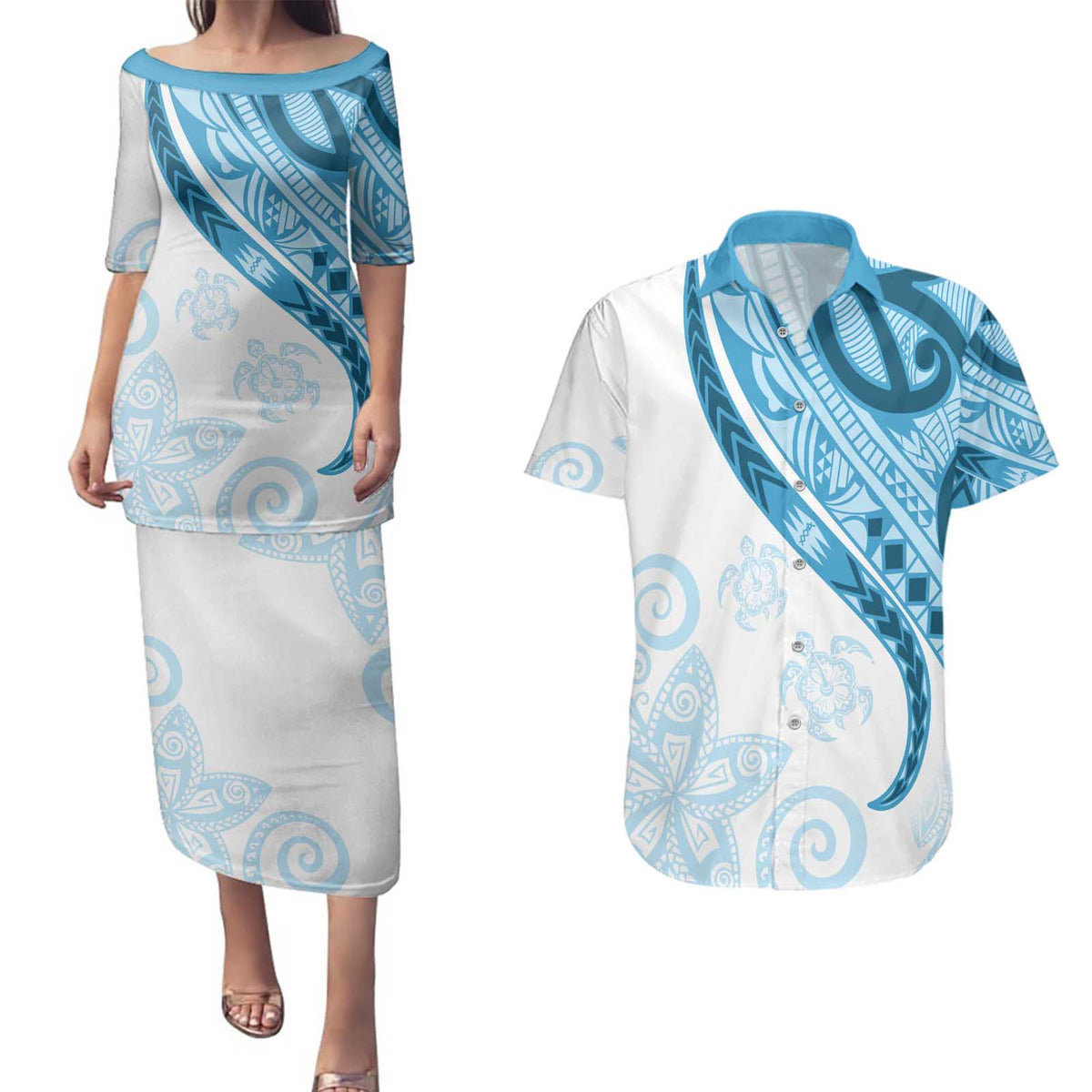 Blue Polynesian Tribal Turtle Floral Pattern Couples Matching Puletasi and Hawaiian Shirt