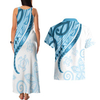 Blue Polynesian Tribal Turtle Floral Pattern Couples Matching Tank Maxi Dress and Hawaiian Shirt