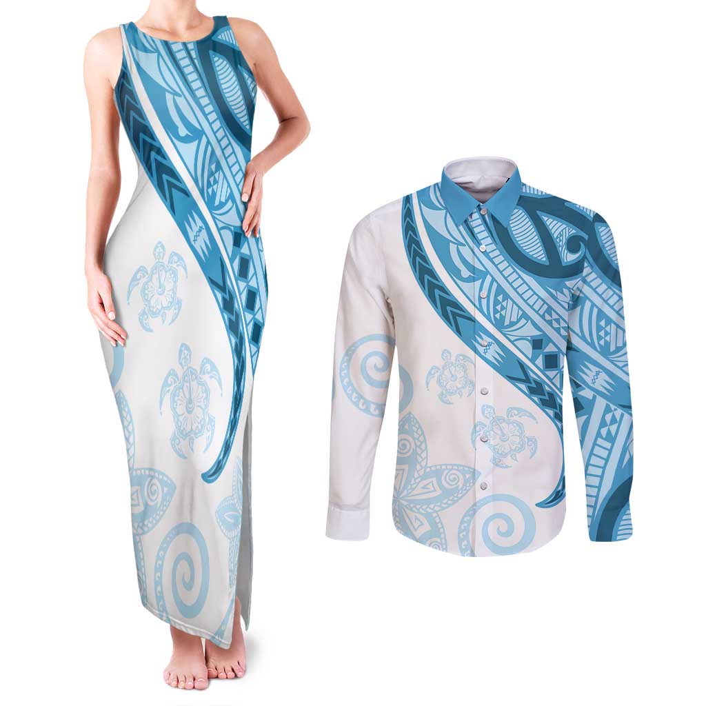 Blue Polynesian Tribal Turtle Floral Pattern Couples Matching Tank Maxi Dress and Long Sleeve Button Shirt LT05 Blue - Polynesian Pride