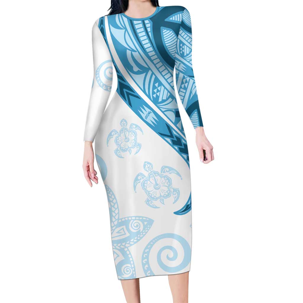 Blue Polynesian Tribal Turtle Floral Pattern Family Matching Long Sleeve Bodycon Dress and Hawaiian Shirt LT05 Mom's Dress Blue - Polynesian Pride
