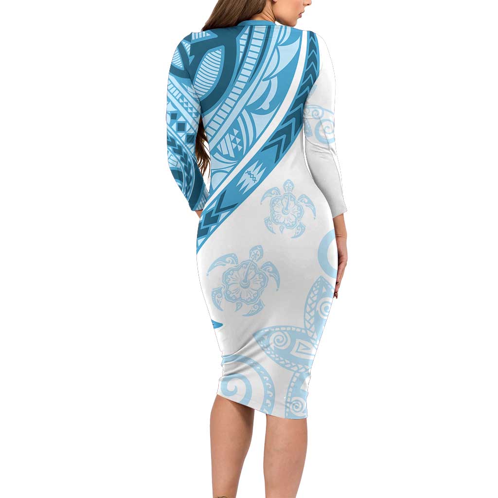 Blue Polynesian Tribal Turtle Floral Pattern Family Matching Long Sleeve Bodycon Dress and Hawaiian Shirt LT05 - Polynesian Pride