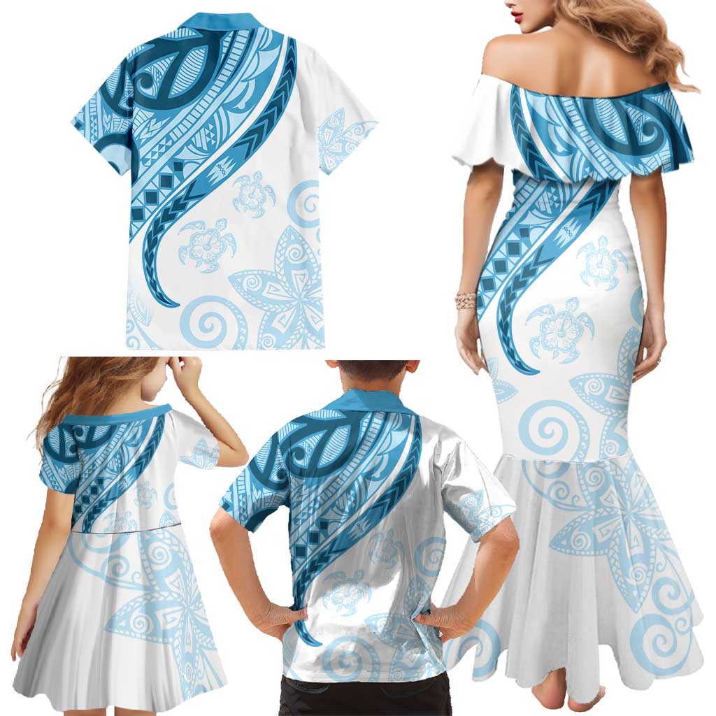Blue Polynesian Tribal Turtle Floral Pattern Family Matching Mermaid Dress and Hawaiian Shirt LT05 - Polynesian Pride