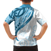 Blue Polynesian Tribal Turtle Floral Pattern Family Matching Off The Shoulder Long Sleeve Dress and Hawaiian Shirt LT05 - Polynesian Pride