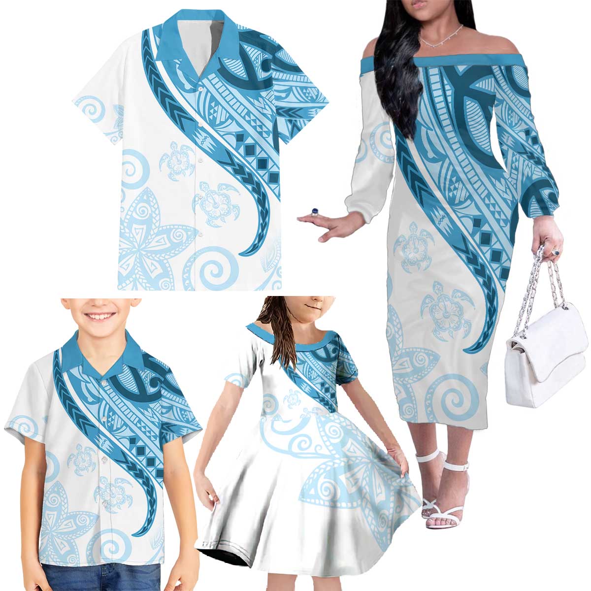 Blue Polynesian Tribal Turtle Floral Pattern Family Matching Off The Shoulder Long Sleeve Dress and Hawaiian Shirt LT05 - Polynesian Pride