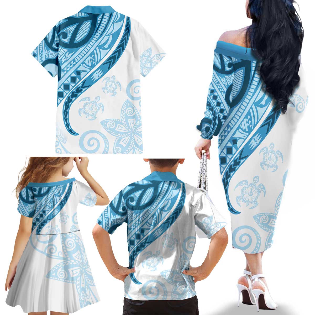 Blue Polynesian Tribal Turtle Floral Pattern Family Matching Off The Shoulder Long Sleeve Dress and Hawaiian Shirt LT05 - Polynesian Pride