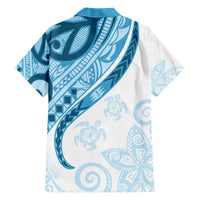 Blue Polynesian Tribal Turtle Floral Pattern Family Matching Off The Shoulder Long Sleeve Dress and Hawaiian Shirt LT05 - Polynesian Pride