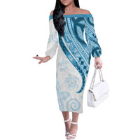 Blue Polynesian Tribal Turtle Floral Pattern Family Matching Off The Shoulder Long Sleeve Dress and Hawaiian Shirt LT05 Mom's Dress Blue - Polynesian Pride