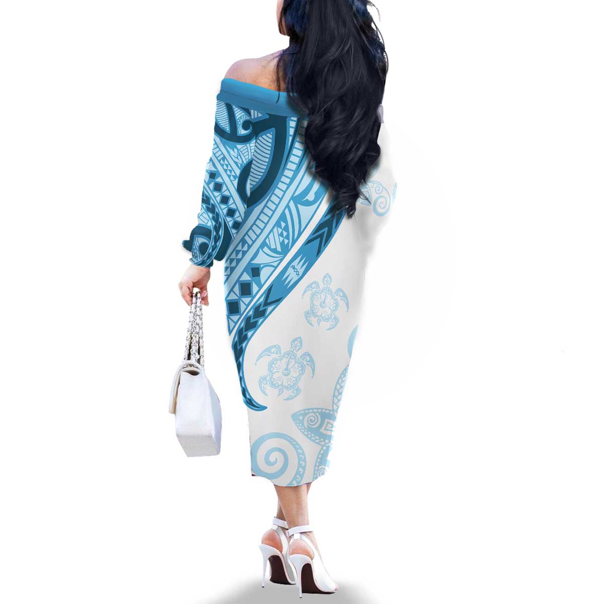 Blue Polynesian Tribal Turtle Floral Pattern Family Matching Off The Shoulder Long Sleeve Dress and Hawaiian Shirt LT05 - Polynesian Pride