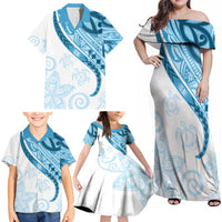 Blue Polynesian Tribal Turtle Floral Pattern Family Matching Off Shoulder Maxi Dress and Hawaiian Shirt LT05 - Polynesian Pride