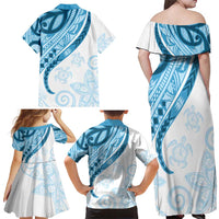 Blue Polynesian Tribal Turtle Floral Pattern Family Matching Off Shoulder Maxi Dress and Hawaiian Shirt LT05 - Polynesian Pride