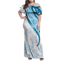 Blue Polynesian Tribal Turtle Floral Pattern Family Matching Off Shoulder Maxi Dress and Hawaiian Shirt LT05 Mom's Dress Blue - Polynesian Pride