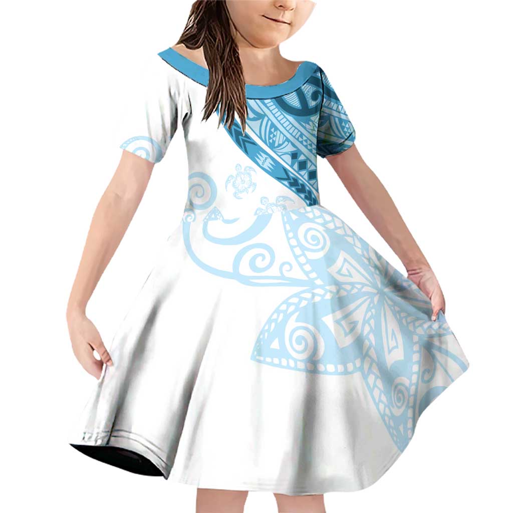 Blue Polynesian Tribal Turtle Floral Pattern Family Matching Off Shoulder Short Dress and Hawaiian Shirt LT05 Daughter's Dress Blue - Polynesian Pride