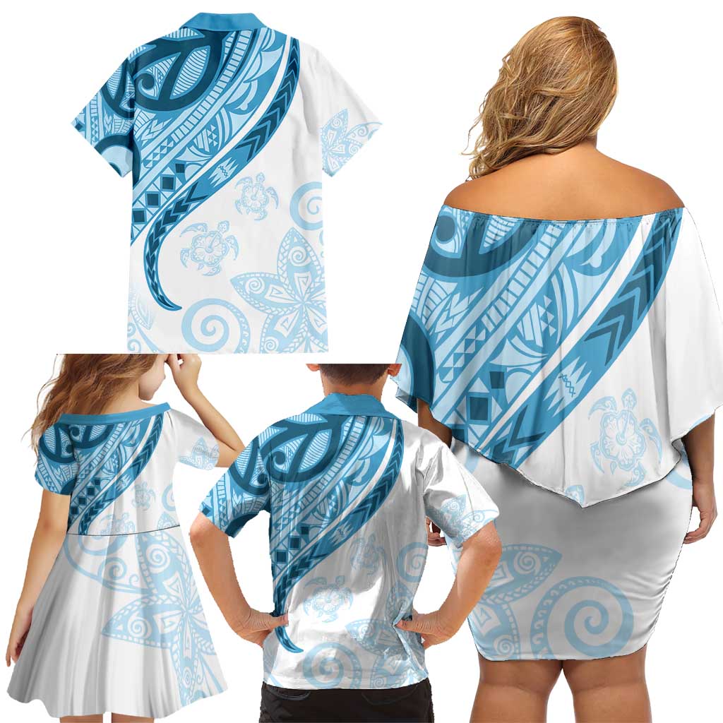 Blue Polynesian Tribal Turtle Floral Pattern Family Matching Off Shoulder Short Dress and Hawaiian Shirt LT05 - Polynesian Pride