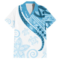 Blue Polynesian Tribal Turtle Floral Pattern Family Matching Off Shoulder Short Dress and Hawaiian Shirt LT05 Dad's Shirt - Short Sleeve Blue - Polynesian Pride