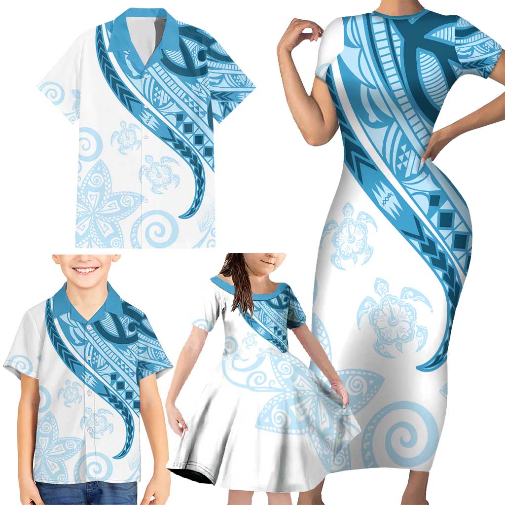 Blue Polynesian Tribal Turtle Floral Pattern Family Matching Short Sleeve Bodycon Dress and Hawaiian Shirt LT05 - Polynesian Pride
