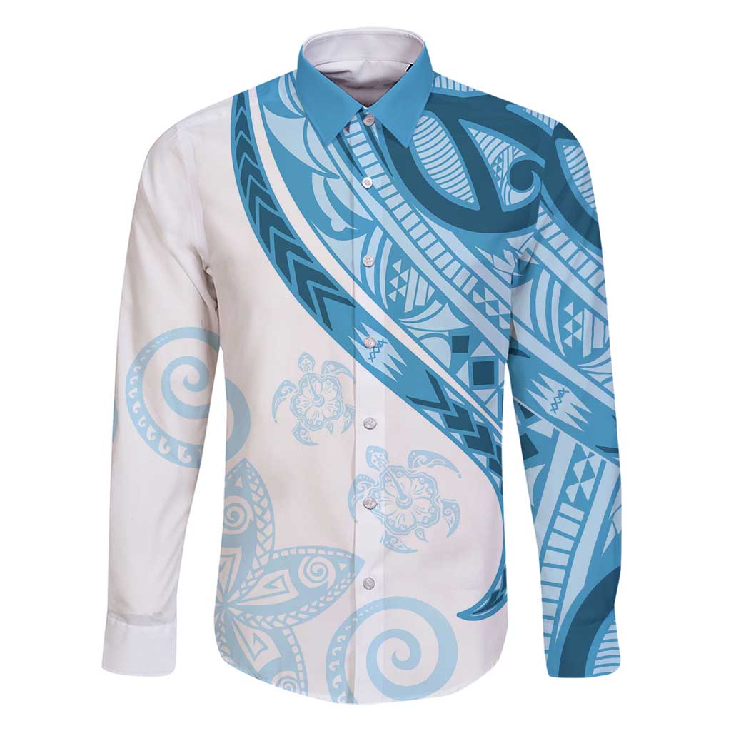 Blue Polynesian Tribal Turtle Floral Pattern Family Matching Tank Maxi Dress and Hawaiian Shirt LT05 Dad's Shirt - Long Sleeve Blue - Polynesian Pride