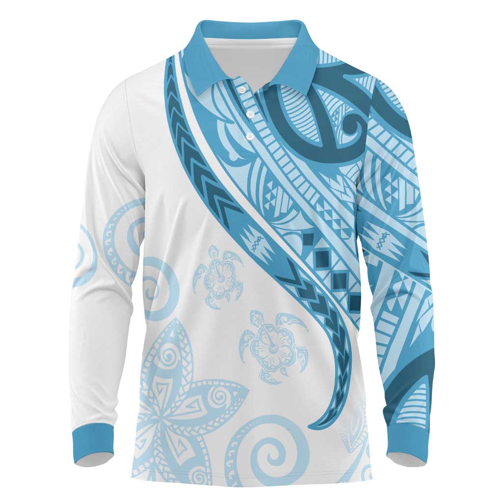 Blue Polynesian Tribal Turtle Floral Pattern Long Sleeve Polo Shirt LT05 Blue - Polynesian Pride