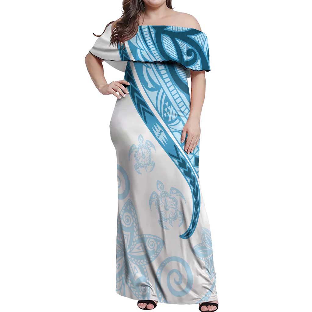 Blue Polynesian Tribal Turtle Floral Pattern Off Shoulder Maxi Dress LT05 Women Blue - Polynesian Pride