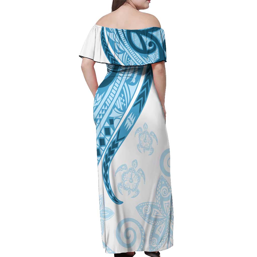 Blue Polynesian Tribal Turtle Floral Pattern Off Shoulder Maxi Dress LT05 - Polynesian Pride