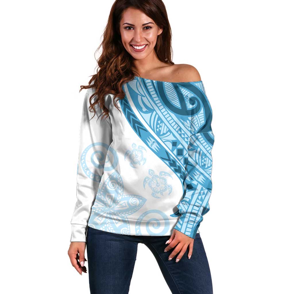 Blue Polynesian Tribal Turtle Floral Pattern Off Shoulder Sweater LT05 Women Blue - Polynesian Pride