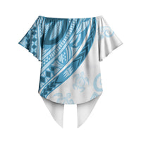Blue Polynesian Tribal Turtle Floral Pattern Off Shoulder Wrap Waist Top LT05 - Polynesian Pride