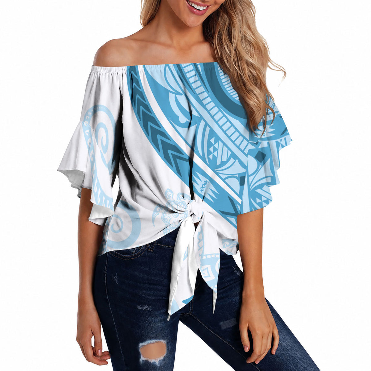 Blue Polynesian Tribal Turtle Floral Pattern Off Shoulder Wrap Waist Top LT05 - Polynesian Pride