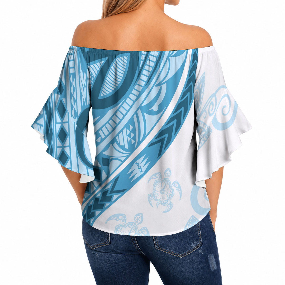 Blue Polynesian Tribal Turtle Floral Pattern Off Shoulder Wrap Waist Top LT05 - Polynesian Pride