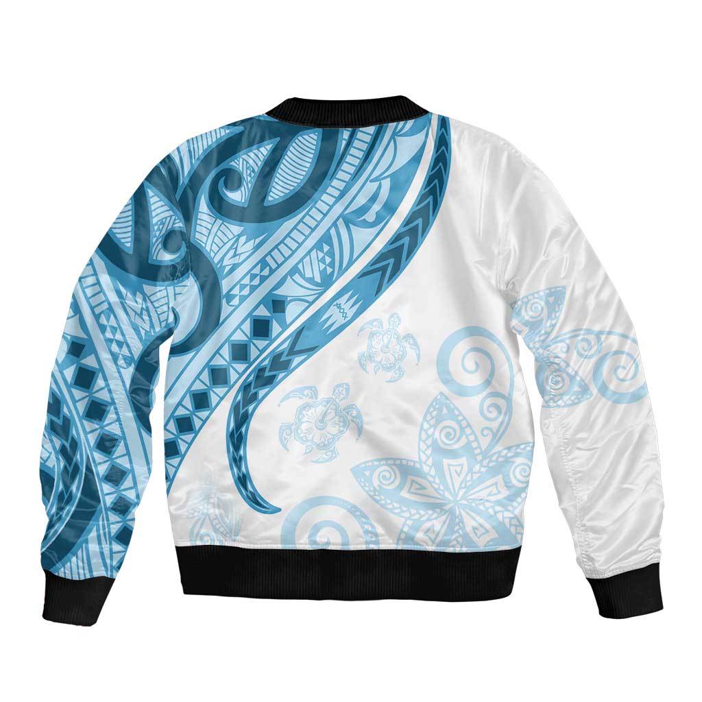 Blue Polynesian Tribal Turtle Floral Pattern Sleeve Zip Bomber Jacket LT05 - Polynesian Pride