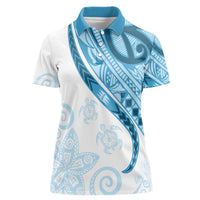 Blue Polynesian Tribal Turtle Floral Pattern Women Polo Shirt