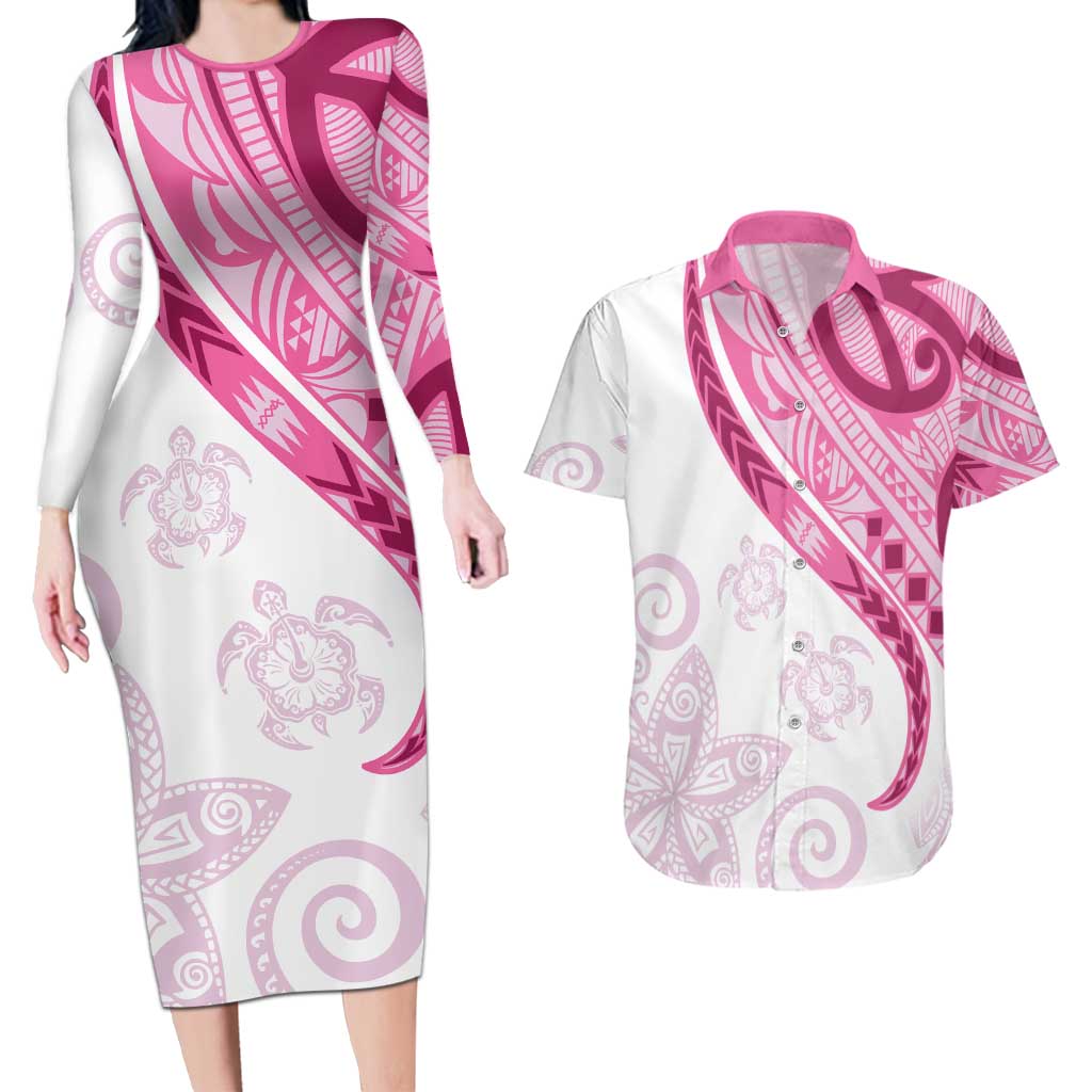 Rose Pink Polynesian Tribal Turtle Floral Pattern Couples Matching Long Sleeve Bodycon Dress and Hawaiian Shirt LT05 Pink - Polynesian Pride