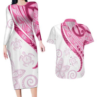 Rose Pink Polynesian Tribal Turtle Floral Pattern Couples Matching Long Sleeve Bodycon Dress and Hawaiian Shirt LT05 Pink - Polynesian Pride