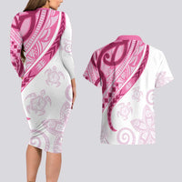 Rose Pink Polynesian Tribal Turtle Floral Pattern Couples Matching Long Sleeve Bodycon Dress and Hawaiian Shirt LT05 - Polynesian Pride