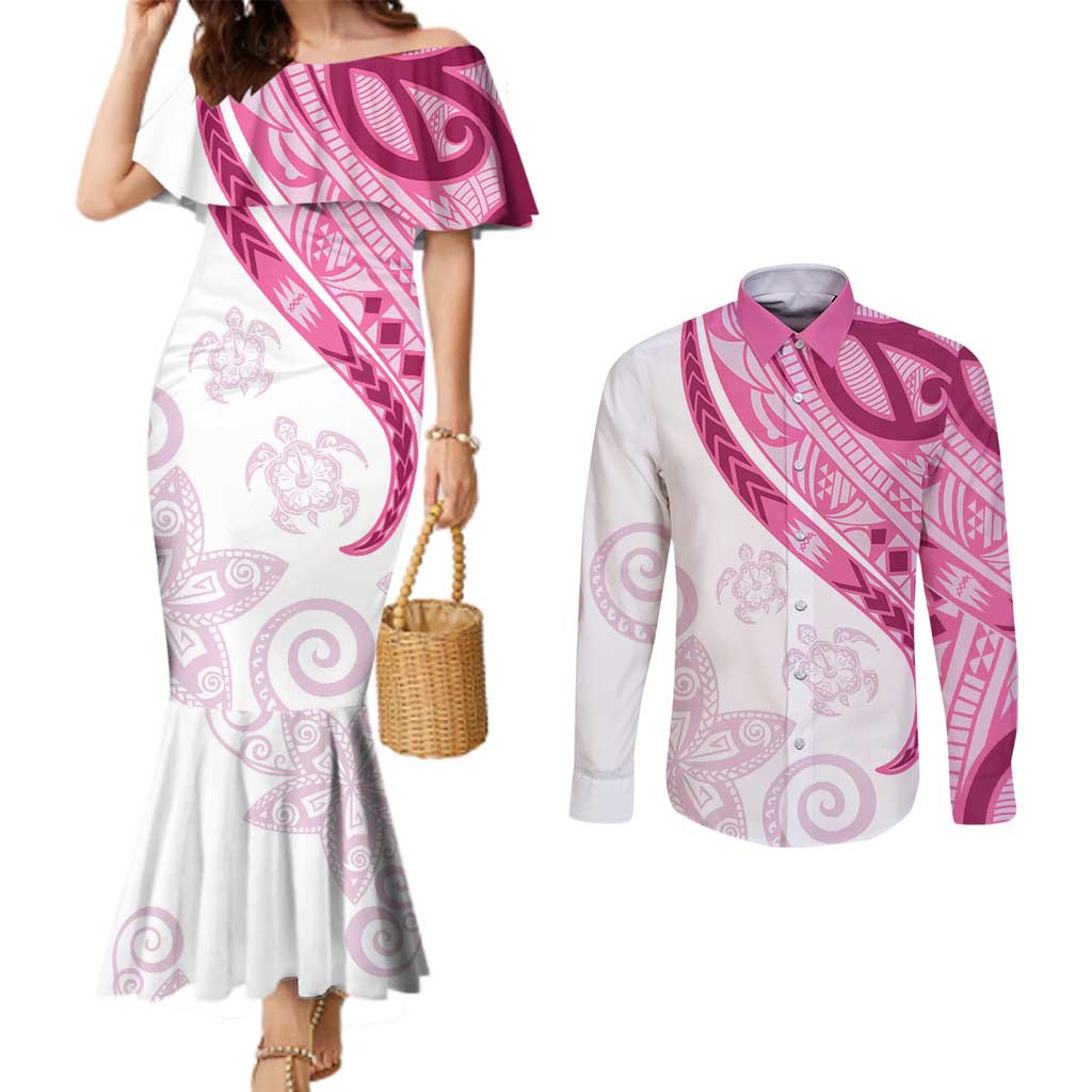 Rose Pink Polynesian Tribal Turtle Floral Pattern Couples Matching Mermaid Dress and Long Sleeve Button Shirt
