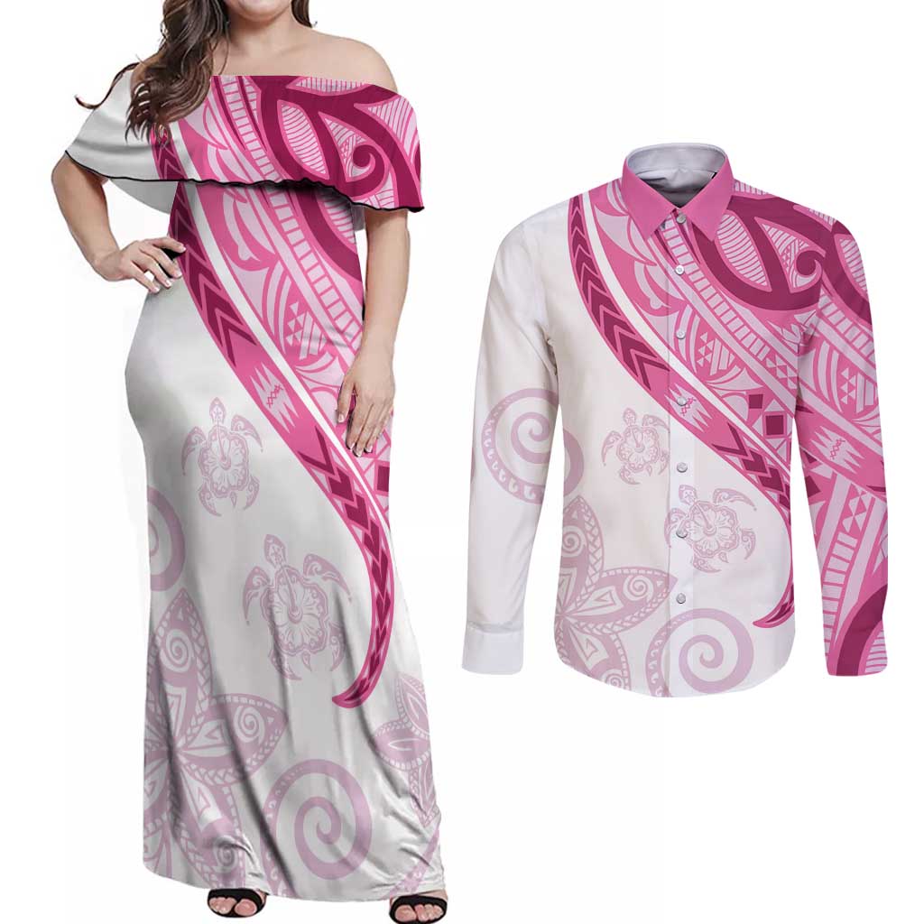 Rose Pink Polynesian Tribal Turtle Floral Pattern Couples Matching Off Shoulder Maxi Dress and Long Sleeve Button Shirt LT05 Pink - Polynesian Pride