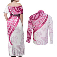 Rose Pink Polynesian Tribal Turtle Floral Pattern Couples Matching Off Shoulder Maxi Dress and Long Sleeve Button Shirt LT05 - Polynesian Pride