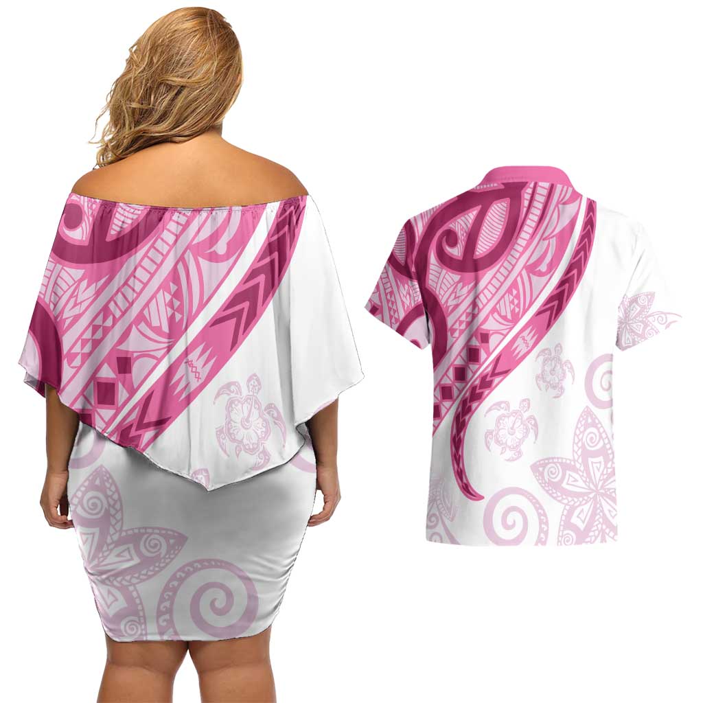 Rose Pink Polynesian Tribal Turtle Floral Pattern Couples Matching Off Shoulder Short Dress and Hawaiian Shirt