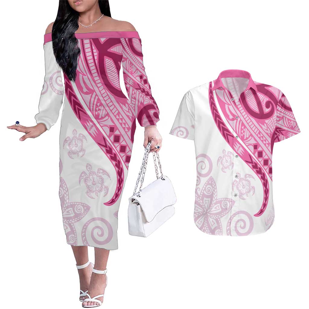 Rose Pink Polynesian Tribal Turtle Floral Pattern Couples Matching Off The Shoulder Long Sleeve Dress and Hawaiian Shirt LT05 Pink - Polynesian Pride