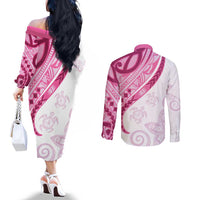 Rose Pink Polynesian Tribal Turtle Floral Pattern Couples Matching Off The Shoulder Long Sleeve Dress and Long Sleeve Button Shirt