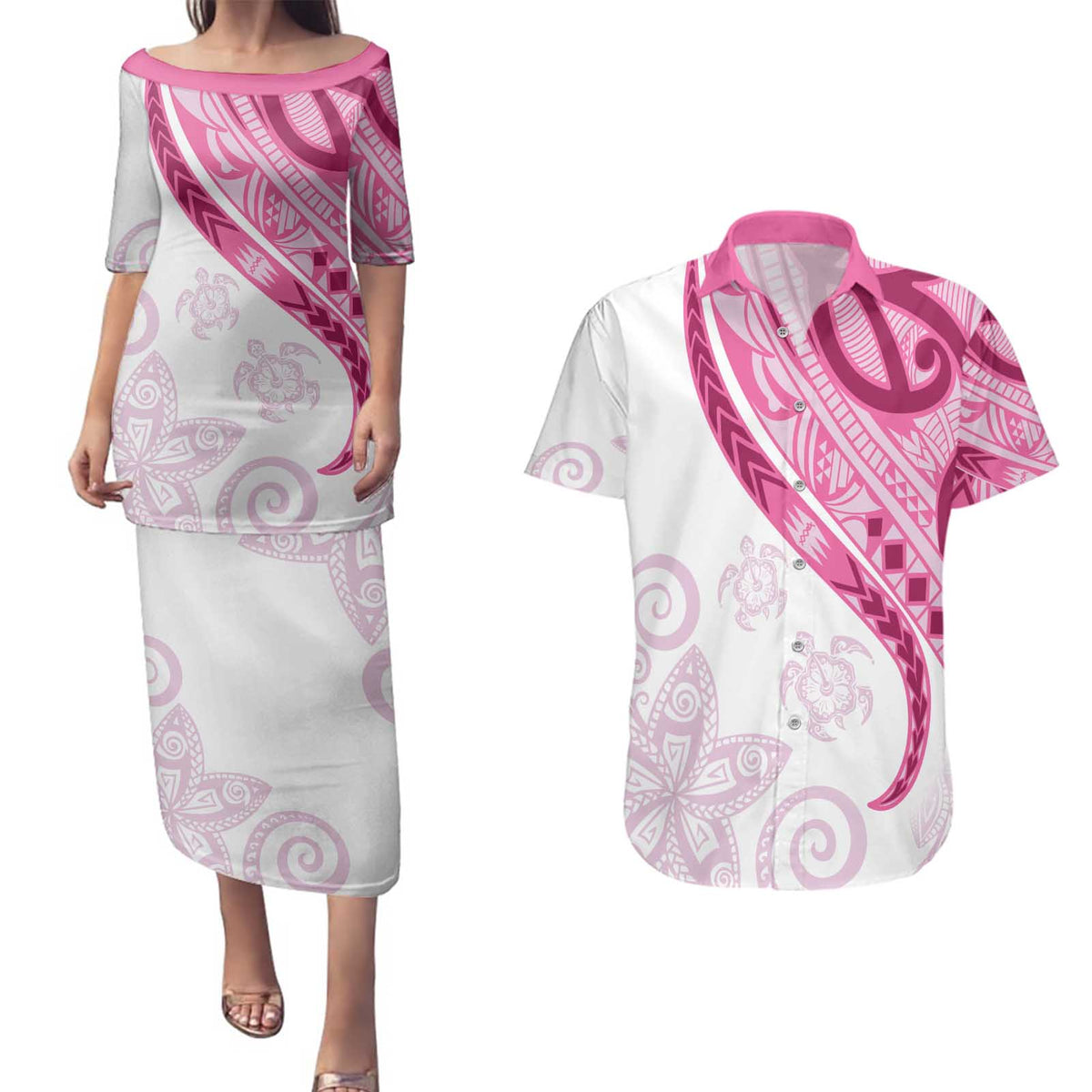 Rose Pink Polynesian Tribal Turtle Floral Pattern Couples Matching Puletasi and Hawaiian Shirt