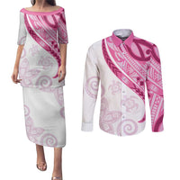 Rose Pink Polynesian Tribal Turtle Floral Pattern Couples Matching Puletasi and Long Sleeve Button Shirt