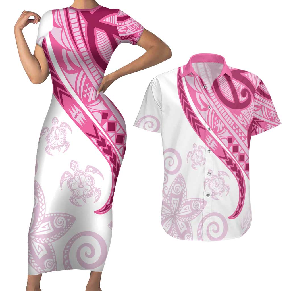 Rose Pink Polynesian Tribal Turtle Floral Pattern Couples Matching Short Sleeve Bodycon Dress and Hawaiian Shirt LT05 Pink - Polynesian Pride