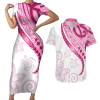 Rose Pink Polynesian Tribal Turtle Floral Pattern Couples Matching Short Sleeve Bodycon Dress and Hawaiian Shirt LT05 Pink - Polynesian Pride
