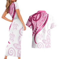 Rose Pink Polynesian Tribal Turtle Floral Pattern Couples Matching Short Sleeve Bodycon Dress and Hawaiian Shirt LT05 - Polynesian Pride