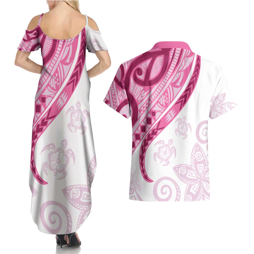 Rose Pink Polynesian Tribal Turtle Floral Pattern Couples Matching Summer Maxi Dress and Hawaiian Shirt