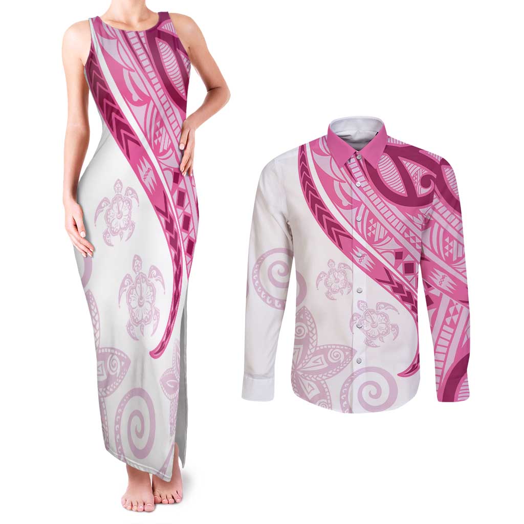 Rose Pink Polynesian Tribal Turtle Floral Pattern Couples Matching Tank Maxi Dress and Long Sleeve Button Shirt LT05 Pink - Polynesian Pride